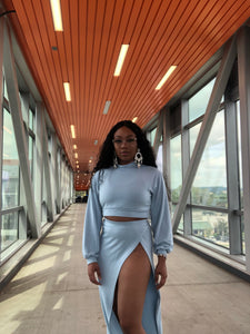 Baby Blue High Split Skirt Set